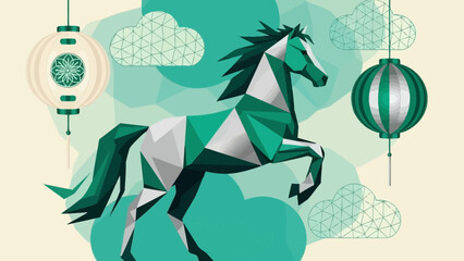 Geometric Horse in Teal and White with Traditional Asian Lanterns and Clouds