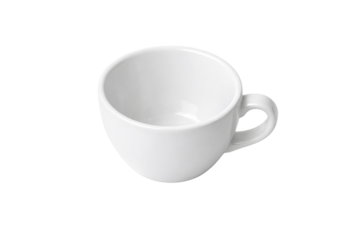 A simple white ceramic cup with a rounded shape and a handle, designed for serving beverages.