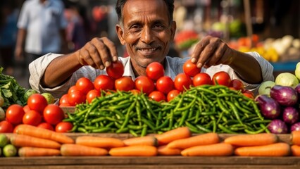 Portrait of an Indian market vendor arranging vegetables—tomatoes, carrots, beans in bright sunlight, smiling face and hands in close-up