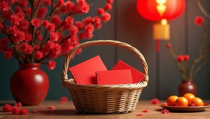 Mockup of chinese blank red greeting cards, chinese envelope in wicker basket, decoration, ornament - Chinese New Year greeting, Lunar celebration, luck, prosperity, fortune, wealth blessings symbol 