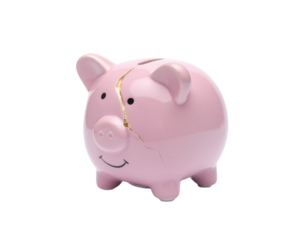 A smiling pink piggy bank with a noticeable crack, symbolizing savings and the importance of financial awareness.