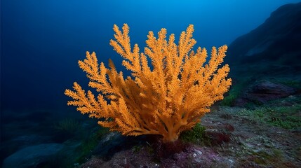 A vibrant orange coral structure thrives on a rocky seabed in the deep blue ocean