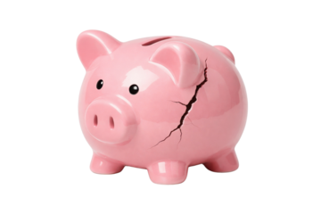 A pink piggy bank with a noticeable crack, symbolizing financial issues or savings challenges.