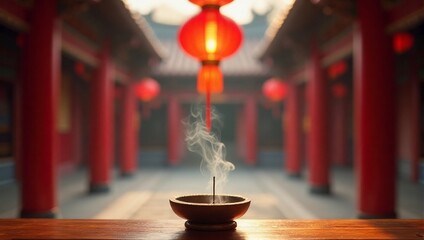 A ceramic incense burner holder with smoke rising, traditional lantern, chinese temple - Chinese New Year decoration, Lunar celebration, aromatic, spiritual, ritual, religious, aromatherapy, essence