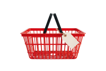 A vibrant red shopping basket with a black handle and a blank tag attached.