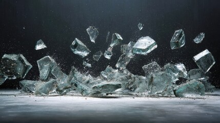 Shattered glass fragments exploding and flying in mid-air against a dark background broken shards