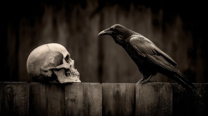 Obraz premium Raven Perched on Rustic Fence Beside Human Skull Under Dramatic Lighting