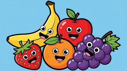 Cartoon fruits with smiling faces together.