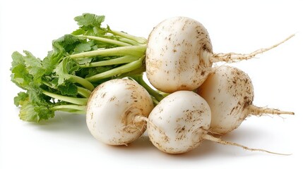Fresh white turnip root vegetable isolated on a clean white background, crisp and organic produce for healthy cooking, vegetarian meals, and natural food photography