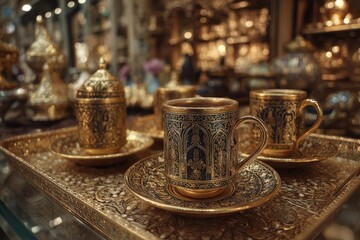 Fototapeta premium Ornate golden tea set displayed on an intricately designed tray, showcasing detailed craftsmanship and rich textures, perfect for cultural celebrations and gatherings