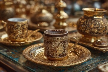 Ornate coffee cup with intricate gold detailing, surrounded by matching decorative tableware, showcasing rich cultural heritage and craftsmanship in an elegant setting