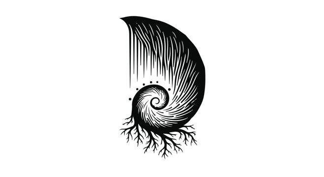Intricate black and white illustration of a spiraling nautilus shell with roots and falling lines, symbolizing growth and natural patterns.