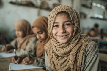 Fototapeta premium Young girl wearing a brown headscarf smiles brightly while seated at a wooden table in a classroom, surrounded by classmates engaged in writing activities