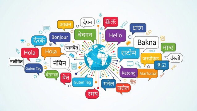 Global communication concept with diverse language greetings in speech bubbles around a world globe vector illustration for international business a