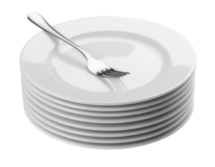A stack of white plates with a shiny silver fork resting on top, showcasing clean and simple tableware.