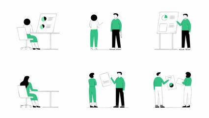Flat vector illustration of people working together with charts and graphs in minimalist line