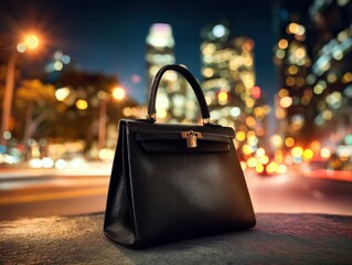 a chic black handbag is showcased against a bustling city backdrop with twinkling streetlights setting a glamorous evening mood