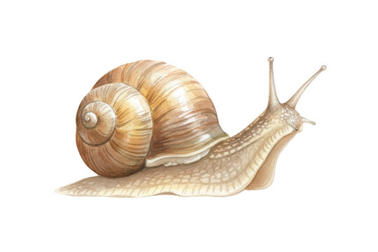 A detailed watercolor illustration of a snail isolated on a dark surface and design