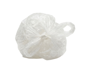 A crumpled plastic bag tied at the top, showcasing its wrinkled texture and translucent appearance.