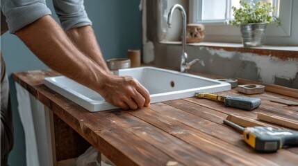 Modern Wooden Kitchen Installation with a New White Sink and Tools on the Countertop