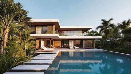 Obraz premium Modern luxury beachfront home with swimming pool, offering an exclusive and serene private retreat 