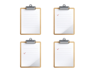 Four clipboards with blank sheets, two featuring checkmarks, illustrating tasks and organization.