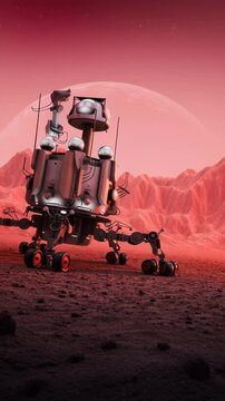 Multi-legged robot explores alien terrain with large planet in the sky