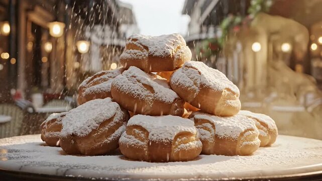 Powdered sugar dusting on a pile of sweet cream puffs