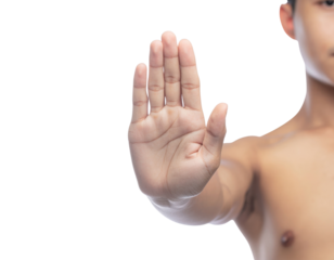 A close-up of a person's outstretched hand, signaling a stop or pause, against a dark background, conveying a message of caution or refusal.