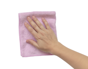 A hand wipes a surface with a pink microfiber cloth, highlighting cleaning and maintenance tasks.