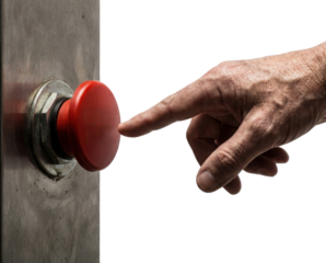 A hand reaches towards a large red button, set against a dark background, suggesting anticipation or a decision point.