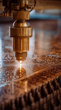 Precision engraving machine etches intricate metallic patterns with a fine, golden tip