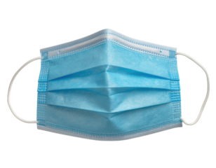 A blue surgical mask with pleats and ear loops designed for respiratory protection.