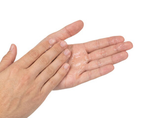 A pair of hands applying a clear, gel-like substance, possibly a hand sanitizer or moisturizer, against a plain black background.