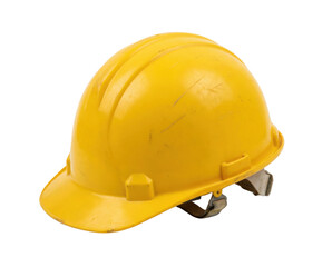 Fototapeta premium A worn yellow safety helmet, commonly used in construction and industrial settings, showcasing signs of use.