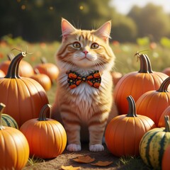 Orange Cat with Bowtie Among Pumpkins in a Sunny Field