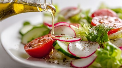 Olive oil being poured over colorful fresh salad with tomatoes radish and cucumber isolated on white background close up food photography