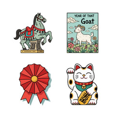 The image displays a collection of four distinct illustrations: a decorated carousel horse, a "Year of the Goat" design, a red rosette, and a Maneki-neko lucky cat.