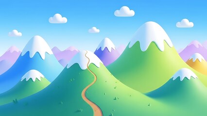 Snowy mountain range with winding path.