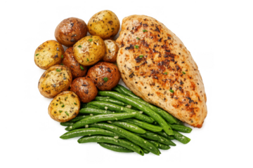 Roasted chicken breast with baby potatoes and green beans, a healthy balanced dinner meal portion with transparent background