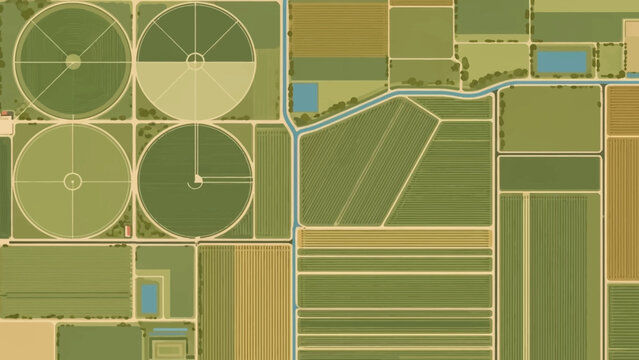 Aerial view of agricultural landscape: A mesmerizing aerial perspective showcasing a patchwork of cultivated fields, meticulously irrigated and structured for optimized agricultural productivity.