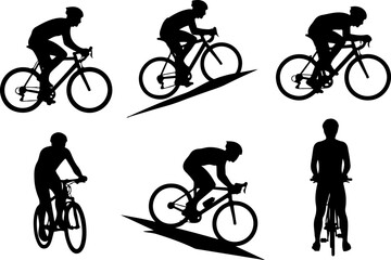 Obraz premium Cyclist Silhouette Riding Bicycle Downhill with Shadows on White Background