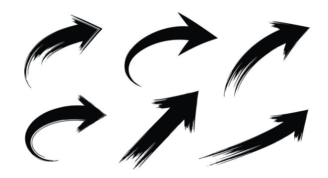 Set of dynamic black brush stroke arrows features a rough hand painted texture for pointing directions or indicating movement in designs.