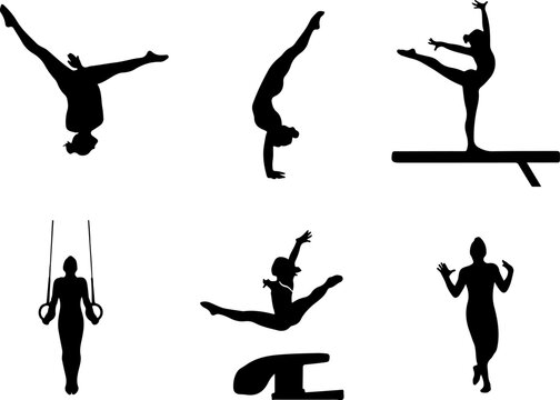 Silhouette of gymnasts performing various athletic poses and actions in a studio or competitive environment