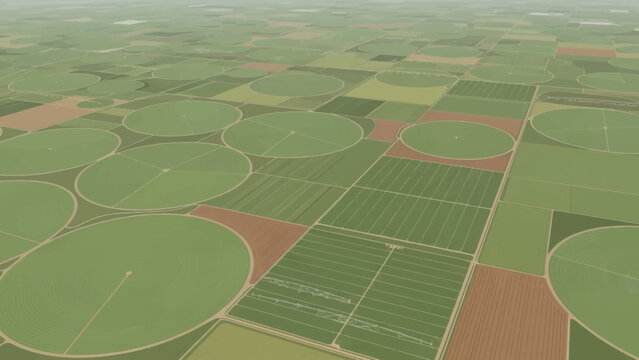 Circular Fields of Agriculture: Captivating aerial view of circular irrigation system in agricultural fields, creating a mesmerizing pattern in shades of green and brown.