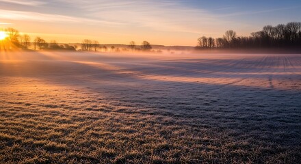 Vibrant sunrise over a frosted field with atmospheric fog and trees silhouette