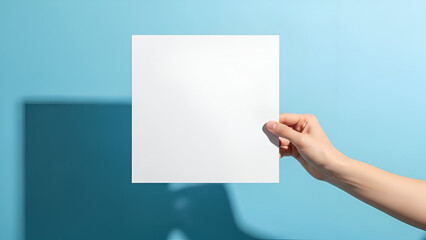 Obraz premium Minimalistic presentation of white square sheet held by hand against a pastel blue background