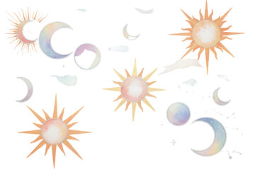Obraz premium Celestial arrangement of suns, moons, and constellations in a whimsical aesthetic style