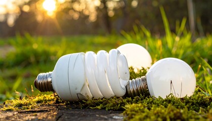 Close-up of three energy-efficient light bulbs nestled in vibrant green moss atop a weathered wooden surface, bathed in sunlight