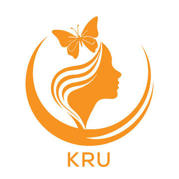 KRU Abstract Beauty Logo. KRU Female Face and Butterfly. KRU Symbol in Orange Color.
